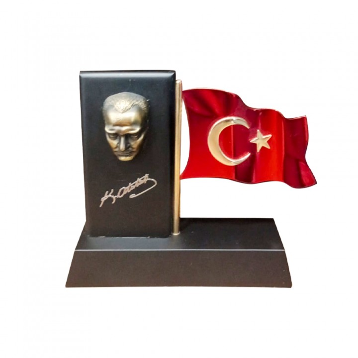 Atatürk Büstlü Dalgalı Türk Bayraklı Siyah Kaideli VIP Masaüstü Dekoratif Plaket